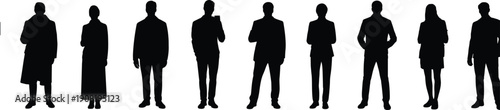 Silhouettes of nine professional men and women standing in coats and suits, business people group collection vector set.