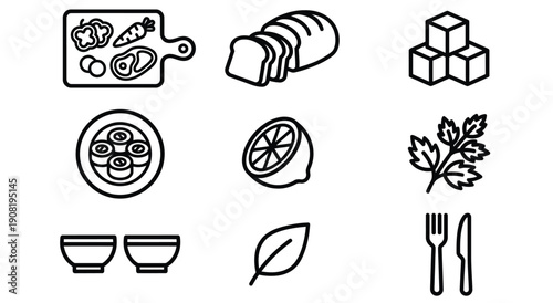 Collection of minimalist black and white icons representing food, cooking, ingredients, and dining essentials for recipes and nutrition