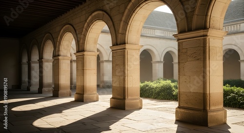 Serene courtyard with arches and columns, surrounded by greenery, bathed in soft morning light from above.