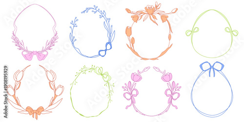 Whimsical Easter egg frames with delicate flower pattern and ribbon bow. Vector illustrations set of hand drawn spring borders with vintage ornamental design, bright color girly coquette prints