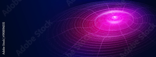 Abstract tech ripple circles on dark purple background. Vector illustration of neon glowing circular wave pattern from dots or particle, sound effect. Modern design for presentations