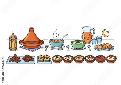A vibrant illustration of a traditional Iftar meal spread with various dishes, drinks, dates, and desserts, featuring a tagine, soups, and Middle Eastern appetizers, set against a white background.