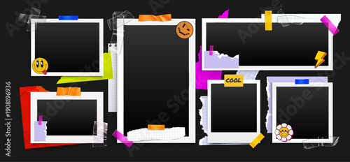 Vintage photo collage with white paper frames, transparent adhesive tape and color Y2K smiling stickers. Realistic vector illustration of nostalgic scrapbook aesthetic, torn page edges, retro camera