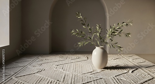 A serene indoor scene featuring a vase with olive branches on a patterned carpet, captured from a front viewpoint.