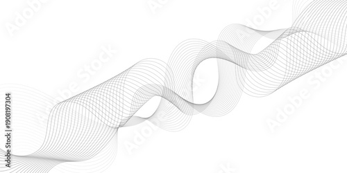 Abstract grey, white smooth element swoosh speed wave modern stream background. Wave with lines created using blend tool. Abstract frequency sound wave lines isolated on transparent background.