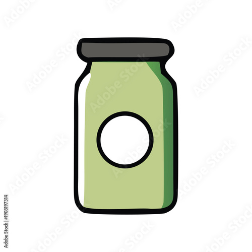 A simple, stylized illustration of a light green glass jar with a black lid and a white circular label space on its front