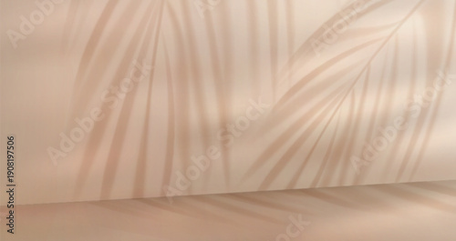 Palm leaves shadow on beige wall and floor background, realistic vector illustration. Natural light effect in clean studio space, tropical coconut tree leaf silhouettes overlay, product display