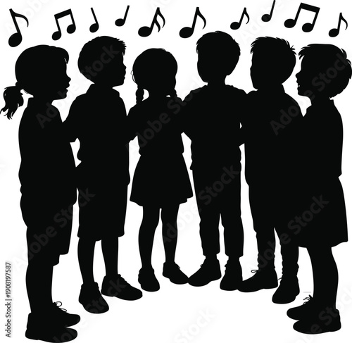 Silhouette of kids choir singing with musical notes, children chorus group performance concept, school music education activity, vocal harmony rehearsal, black figures isolated.
