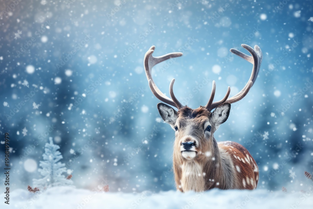 Obraz premium Spotted deer standing in a snowy forest during a winter blizzard