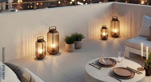 Cozy outdoor dining setup on a rooftop patio at dusk with lanterns and city view