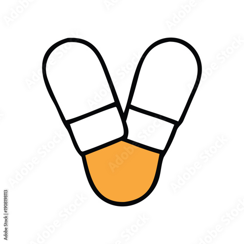 Stylized vector illustration of two capsules forming a 'V' shape, representing medicine, health, and pharmaceutical care, in a clean, simple, and modern design