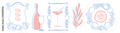 Italian lemon frame with citrus fruits, leaves and flowers illustration. Mediterranean doodle green ink sketch borders with pasta and wine bottle vector set isolated on white. Summer line art