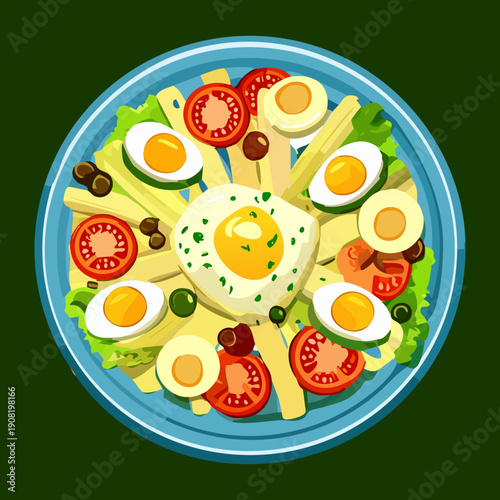 Large salad platter with boiled egg tomatoes and fresh vegetable garnishes for a feast - Vector Illustration
