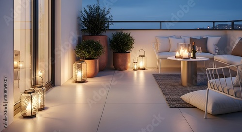 Modern outdoor patio with serene ambiance and soft lighting at dusk on a tranquil terrace