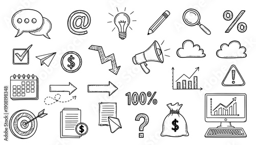 Strategy and Marketing Hand Drawn Icon Set