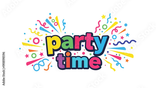 Colorful festive celebration graphic for joyful events featuring vibrant typography and exploding confetti elements a symbol of happiness and