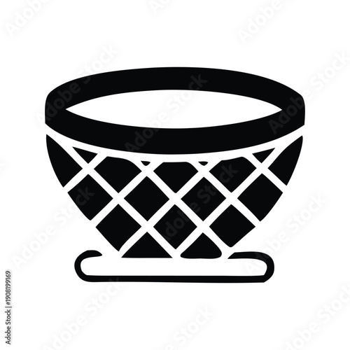 A black and white illustration of a simple woven basket with a flat base and a diamond pattern on its sides, evoking rustic charm and traditional craftsmanship