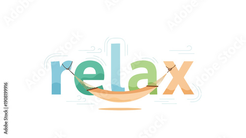 A tranquil graphic illustration of the word 'relax' with an inviting hammock nestled among its letters, symbolizing peaceful repose, stress