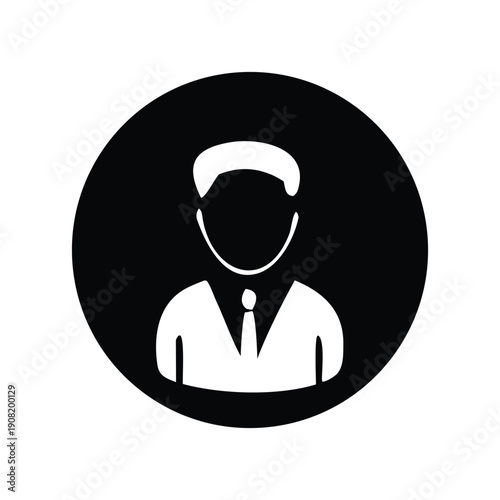 Stylized vector illustration of a formal businessperson icon, symbolizing professional identity and corporate representation in a circular black and white graphic