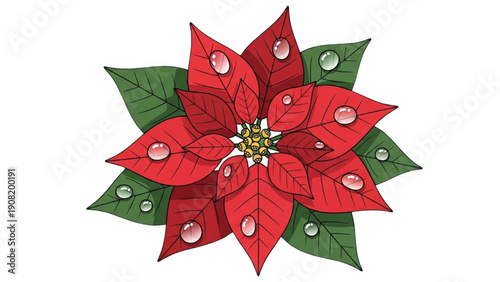 A vibrant red poinsettia flower with green leaves and festive decorations viewed from directly above