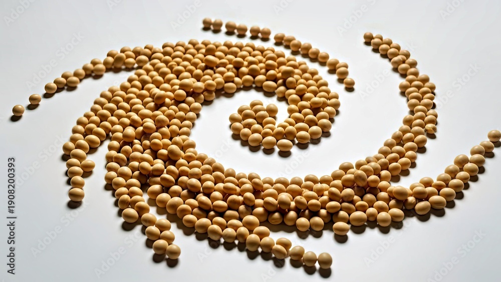 Obraz premium Soybeans Arranged in Abstract Whirlpool Shape on White Background Close up View.jpg