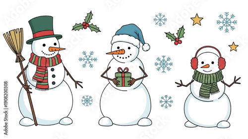 Three cartoon snowmen in winter hats and scarves standing together surrounded by snowflakes, holly, and stars