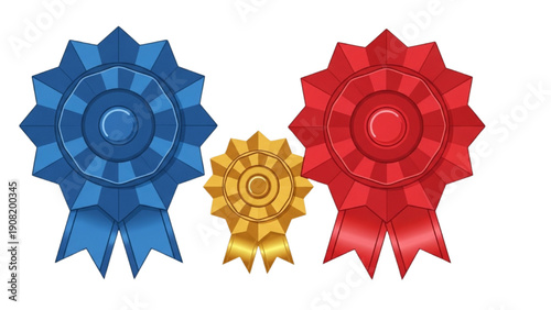 Three colorful rosettes arranged together on a plain white background from a straightforward viewpoint