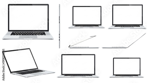 A collection of laptops displayed from various angles on a plain background showcasing different viewing perspectives