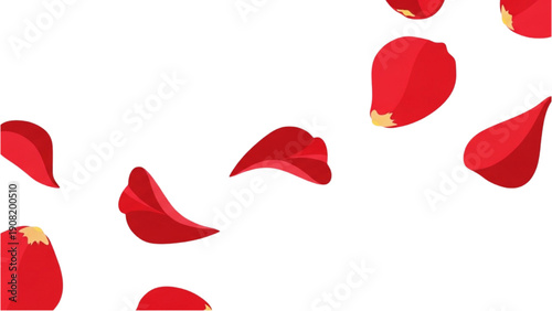 Red rose petals falling gently in a beautiful, serene environment from a high viewpoint.