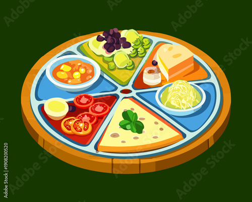 Large cheese and fruit platter with various dips and crackers on a wooden board - Vector Illustration