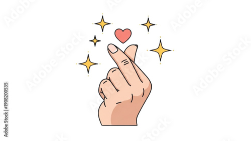 Hand pointing upwards with finger extended towards a heart surrounded by sparkles in illustration