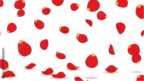 Red rose petals falling from above, scattered around, viewed from directly above in a celebratory atmosphere.
