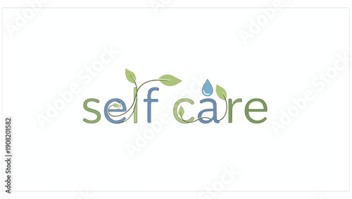 Emblematic self care wordmark featuring organic elements and a water droplet