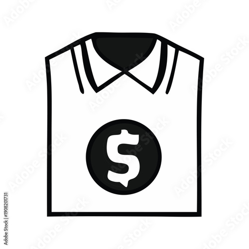 A crisp black and white vector icon of a classic collared shirt featuring a bold dollar sign, ideal for themes of business, finance, apparel commerce, and retail sales