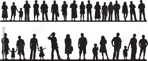 Diverse group of people silhouettes standing in two rows