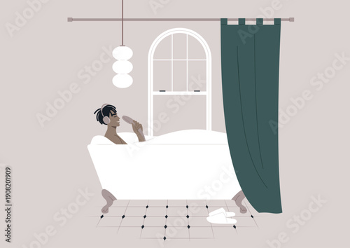 In a cozy bathroom, a person enjoys a blissful moment, singing with delight in a shower head, while soaking in a luxurious bathtub surrounded by soft colors and gentle lighting.