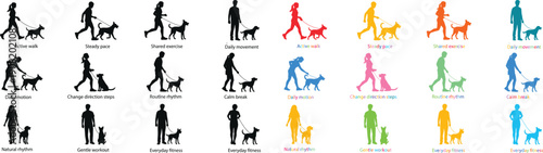 Vector silhouettes of people walking with dogs in various colors, icons for website, app or presentation