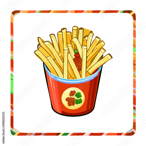 Bucket of golden crispy french fries with spicy tomato dipping sauce on the side - Vector Illustration