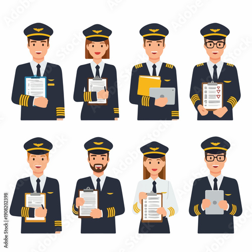 Aviation professional avatars: Collection of eight flat design pilots (male and female) in uniform holding checklists, folders, and tablets, isolated on white.