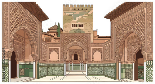 Vector of the Spanish Alhambra, historic Islamic architecture