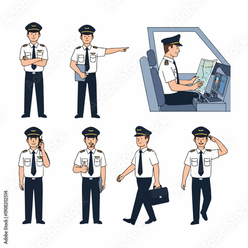 Professional Airline Pilot Character Illustration Set Showing Various Actions, Poses, and Duties in Flat Cartoon Style.