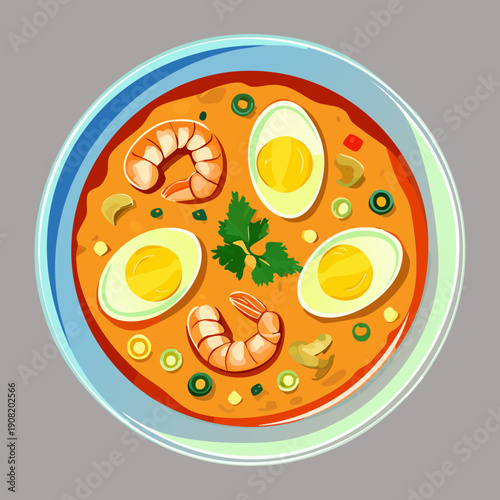 Spicy seafood soup with shrimp and boiled eggs in a rich savory broth bowl - Vector Illustration
