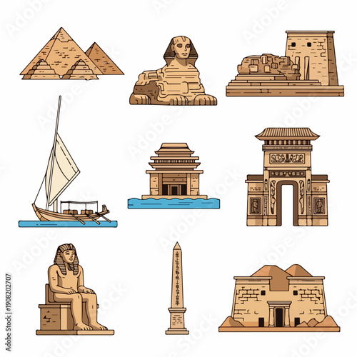 Iconic ancient Egyptian landmarks set illustration featuring Pyramids, Sphinx, temples, obelisk, and traditional boat.