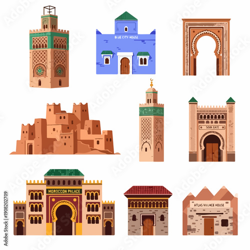 Iconic Moroccan Architecture Collection: Set of stylized buildings, minarets, kasbahs, and archways representing North African travel and culture.