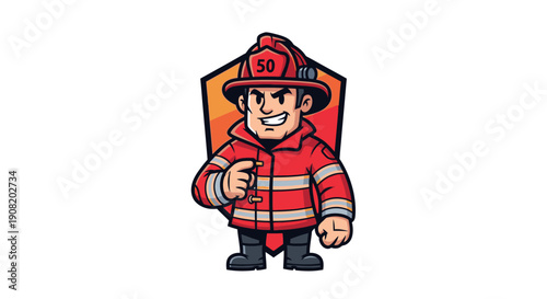 Cartoon firefighter character illustration with red uniform and helmet.