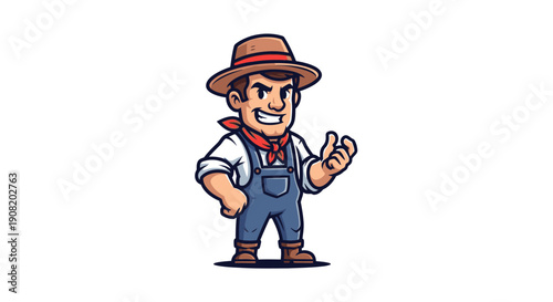 Cartoon farmer character wearing overalls and hat gesturing.