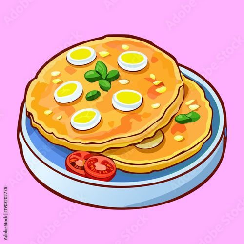 Fluffy golden pancakes topped with small eggs and fresh vegetable garnish on blue plate - Vector Illustration