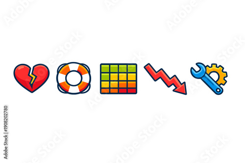 Five distinct colorful icons are displayed in a horizontal row against a solid black background, featuring a broken heart, life ring, color chart, falling arrow, and tools.