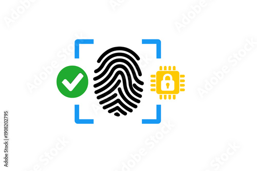 A digital illustration featuring a fingerprint icon within a blue scanning frame, accompanied by a green checkmark for verification and a yellow microchip with a padlock for security.