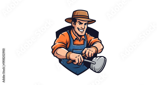 Cartoon illustration of a plumber holding a plunger.